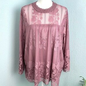Lace & Floral XXL Mauve Blouse Eyelash Trim 3/4 Sleeves Keyhole Back NWT
